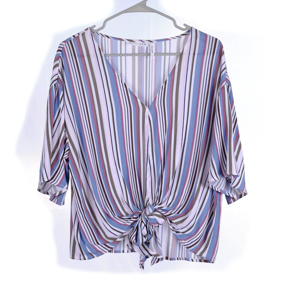 LUQ Tie Front Striped Blouse Small